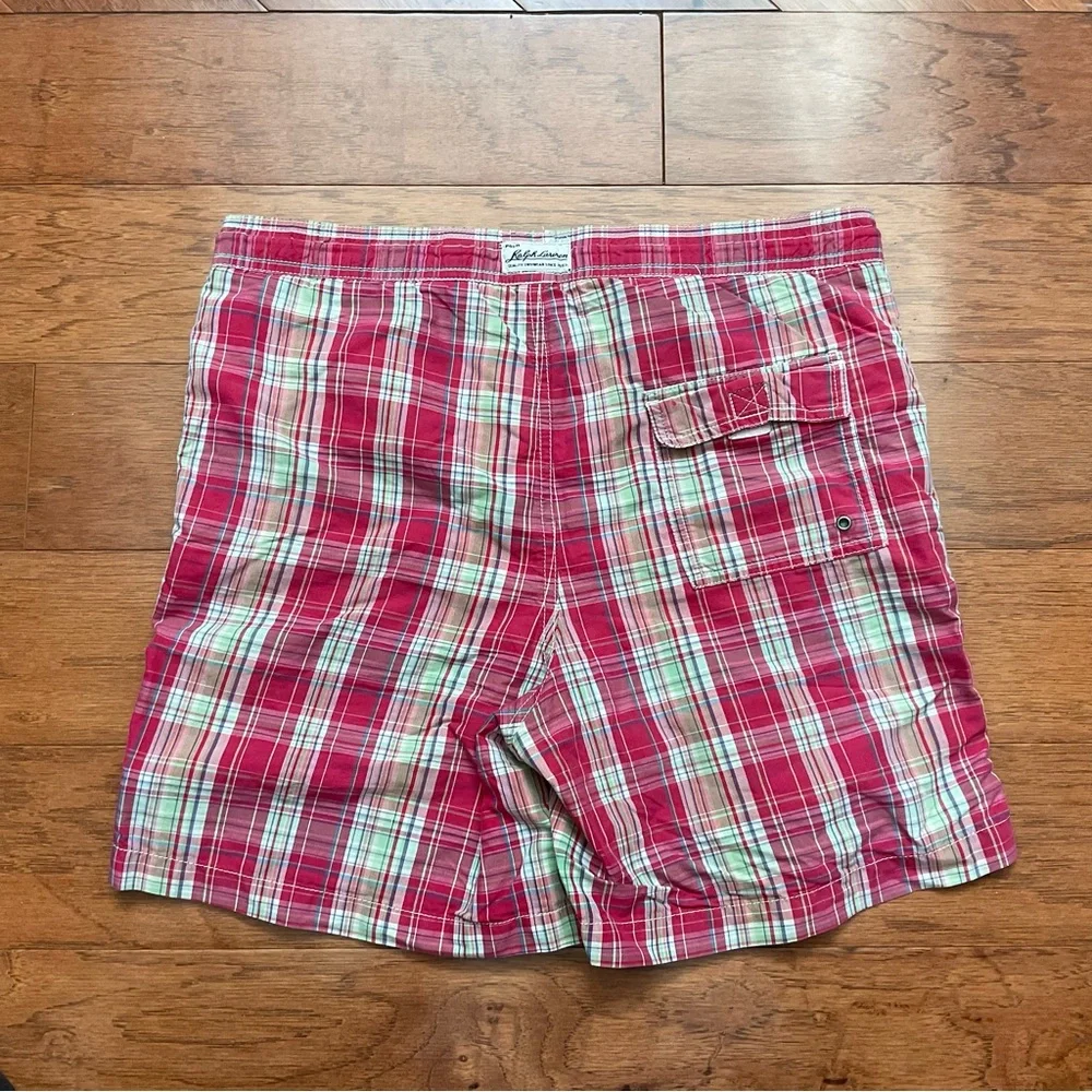 Polo Ralph Lauren Red, Lime Green Plaid Kids Swim Trunks Size Med 12/14